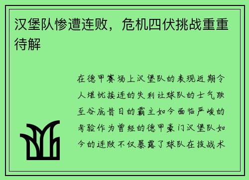 汉堡队惨遭连败，危机四伏挑战重重待解